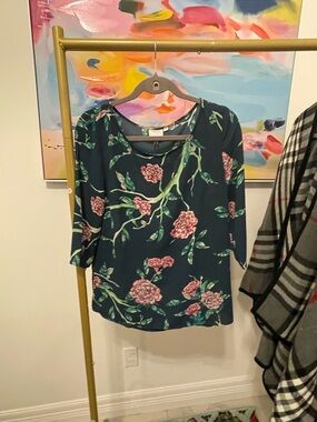 HD in Paris Navy Floral Blouse with Pink Blossoms small size 4